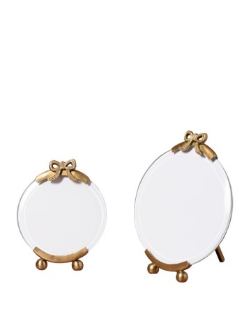 Set 2 rame foto rotunde din sticlă și metal, auriu, fundă sculptată, margine șlefuită și picioare sferice, finisaj antichizat, 2 x 16 x 13 cm, „Rubans”
