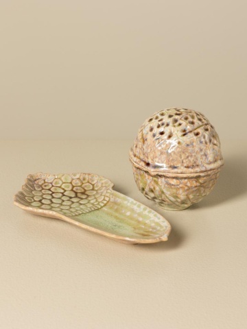 Set 2 recipiente decorative din ceramică artizanală natur, formă de nucă și ghindă, 13 × 21,5 × 11,5 cm, „Acorn" - Img 3