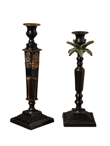 Set 2 sfeșnice din aluminiu și alamă cu motive de palmier și flori sculptate, negru-auriu-verde, finisaj patinat, 30×10 cm, „Empire"