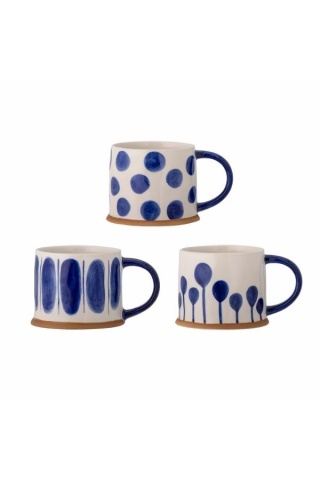 Set 3 căni natur din ceramică artizanală pictată manual cu motive geometrice în albastru, 450 ml, 11×8,5 cm, "Linora"