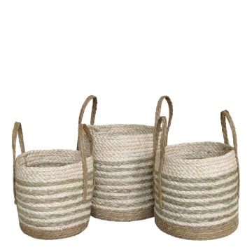 Set 3 coșuri impletite din frânghie de porumb,iarbă uscată și papură