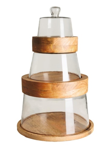Set 3 tavi rotunde din lemn, cu capac din sticla, Stackable - Img 1