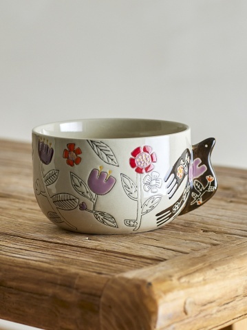 Set 4 boluri din ceramică artizanală, natur, pictate manual cu motive florale și pasăre, 13x8 cm, „Vivielle" - Img 2
