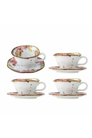 Set 4 căni cu farfurioară din ceramică artizanală albă cu motive florale roz pictate manual și margine aurie, 15×7,5 cm, "Savina"