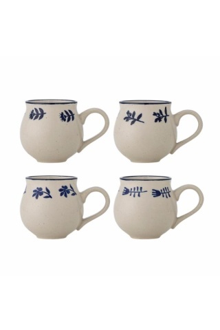 Set 4 căni din ceramică artizanală natur cu motive botanice albastre pictate manual și margine albastră, 9,5×9 cm, "Eimy"