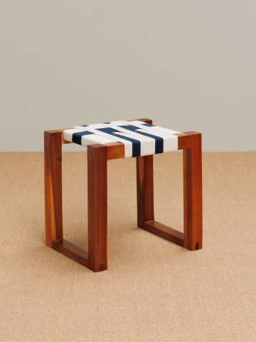 Set băncuță și taburet din lemn de acacia și șnur, alb, cu dungi albastre, băncuță 46 x 100 x 35 cm, „Atalante” - Img 4