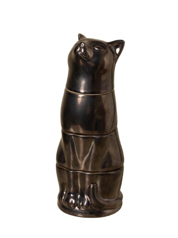 Set căni ceramică suprapuse în formă de pisică, 4 căni, maro și negru, cap și lăbuțe în relief, 25 x 10 cm, „Cat Stack”