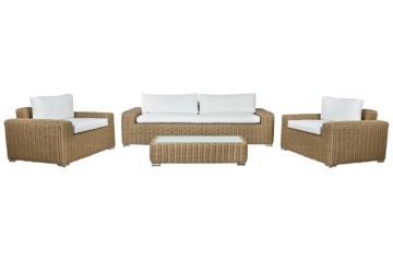 Set lounge exterior din rattan sintetic împletit, 4 piese cu canapea, 2 fotolii, măsuță și perne, „Paloma”