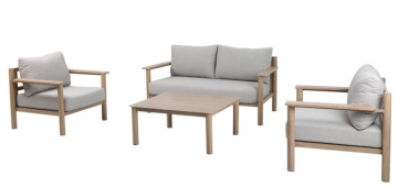 Set lounge exterior premium din aluminiu cu finisaj lemn, canapea, 2 fotolii și măsuță cu perne din olefină, „Cortina”
