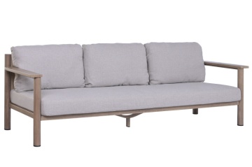 Set lounge exterior premium din aluminiu cu finisaj lemn, canapea, 2 fotolii și măsuță cu perne din olefină, „Cortina” - Img 4