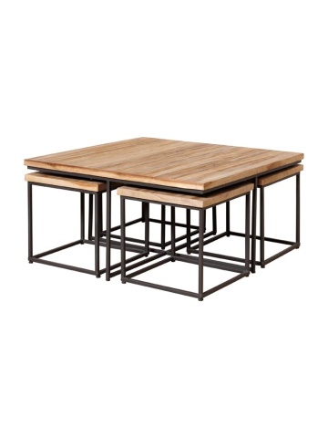 Set măsuță de cafea pătrată din lemn de tec și 4 scăunele, natur și negru, cu cadru din metal, finisaj mat, 40 x 90 x 90 cm, „Pocket”