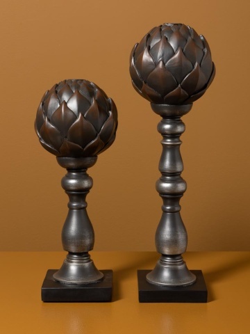 Sfeșnic din rășină cu glob decorativ în formă de anghinare sculptată, auriu-argintiu, finisaj patinat negru, 33.5×13 cm, „Artichoke" - Img 2