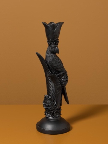 Sfeșnic din rășină cu papagal și frunze sculptate, negru antichizat, finisaj patinat, 32,5×10,5 cm, „Perroquet" - Img 8