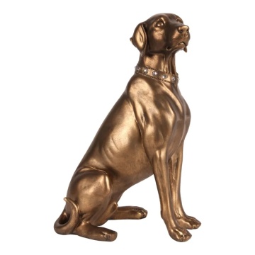 Statuetă decorativă din polirășină, bronz, câine Weimaraner așezat, cu zgardă cu strasuri, 39 x 26 x 19 cm, „Baron”