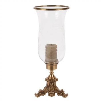 Suport lumânare din alamă lucrată manual și sticlă, auriu, cu picior înalt, cilindru transparent gravat și bază pe trei picioare sculptate, 57 x 21,5 cm, „Vanna”