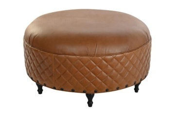 Taburet pentru picioare matlasat vintage rotund din piele naturală, maro, cu picioare strunjite, lucrat manual, 54 x Ø 94 cm, „Losange”