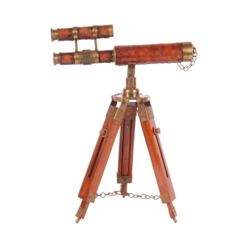 Telescop decorativ din alamă și lemn, maro, aspect vintage, cu trepied reglabil și capac pe lanț, finisaj antichizat, 41 x 26 x 24 cm, „Galilée”