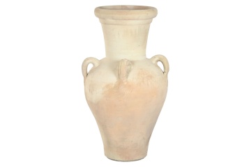 Vas decorativ amforă din teracotă artizanală, finisaj craft brut alb-crem, cu 4 anse, 54×54×100 cm, „Jerba"