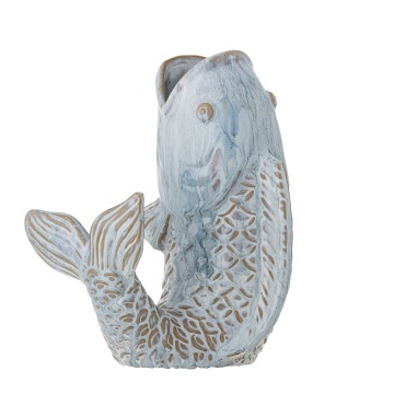 Vază din ceramică albastră, în formă de pește, cu solzi în relief, „Hiro", 17 x 13,5 x 21 cm