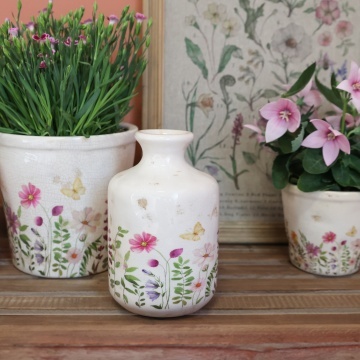 Vază din ceramică crem cu motiv floral "Avignon", H17.5/D11 cm - Img 2