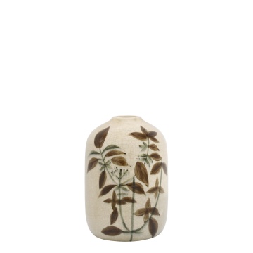Vaza din ceramica, crem, cu motive florale, H20.5/D14.5cm