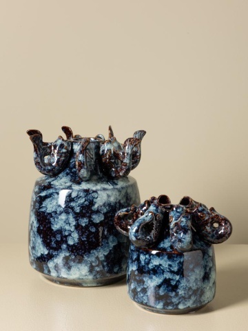 Vază din ceramică cu pești în relief, albastră, mică, cu glazură reactivă, 15 x Ø 17 cm, „Écume” - Img 6