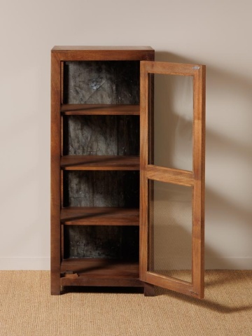 Vitrină mică rustică din lemn reciclat, maro, cu 1 ușă vitrată, laterale vitrate și 3 rafturi, finisaj natural, 127 x 54 x 46 cm, „Marcel” - Img 5