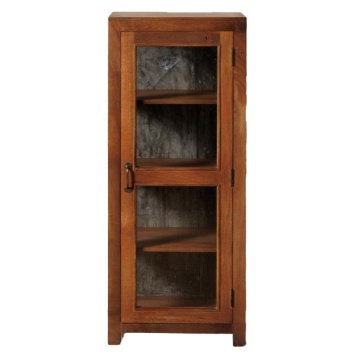 Vitrină mică rustică din lemn reciclat, maro, cu 1 ușă vitrată, laterale vitrate și 3 rafturi, finisaj natural, 127 x 54 x 46 cm, „Marcel”