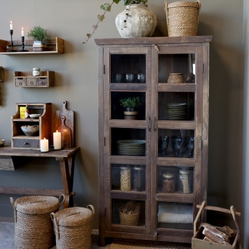 Vitrină rustică din lemn reciclat, natur, cu 2 uși vitrate, 5 rafturi și cornișă profilată, 185 x 100 x 40 cm, „Grimaud” - Img 2