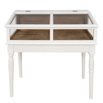 Vitrină vintage shabby chic din lemn, alb, cu capac vitrat rabatabil și picioare strunjite, 85 x 80 x 46 cm, „Véranne”