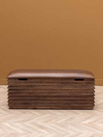 Banchetă din piele naturală cu structură și spațiu de depozitare din lemn de acacia, maro antichizat, finisaj lucios, 110×40,5×36 cm, „Leya" - Img 4