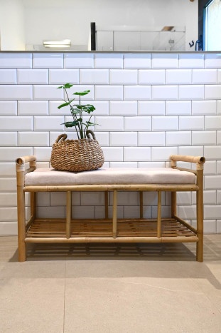 Banchetă hol bej din bumbac și bambus natur, cu raft și brațe, 54 x 100 x 44 cm, „Bamboo” - Img 2