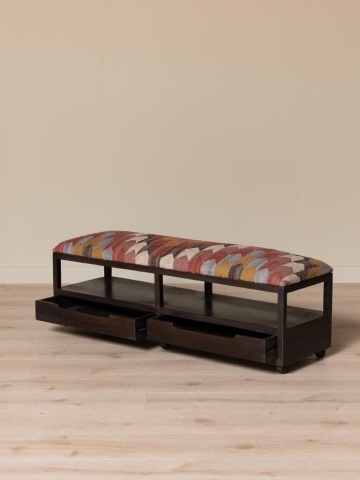 Banchetă hol multicolor din kilim de iută și lână și lemn de acacia înnegrit, cu 2 sertare și raft, 40 x 138 x 40,5 cm, „Tikana” - Img 3