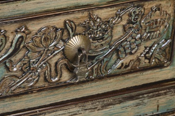 Banchetă orientală sculptată din lemn de ulm, finisaj antichizat multicolor, 4 sertare, 179 x 43 x 58 cm, „Ming" - Img 5