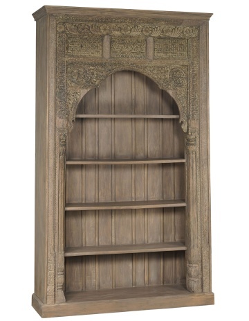 Bibliotecă sculptată din lemn masiv de teak, finisaj natural antichizat, 4 rafturi deschise, piesă unicat, 168×56×272 cm, „Dharma"