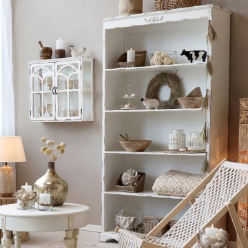 Bibliotecă shabby chic din lemn cu finisaj antichizat crem, 5 rafturi, 106×39×200 cm, „Violette" - Img 2