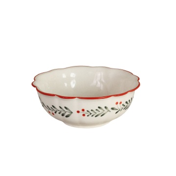 Bol de Crăciun din ceramică, alb, cu frunze și merișoare pictate manual, margine ondulată, 7,5 x 18 cm, „Esther Lingonberry” - Img 4