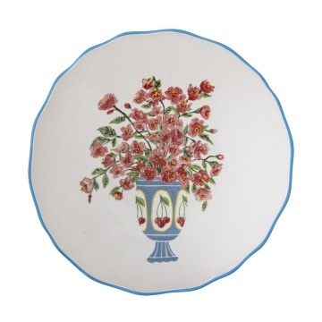 Bol din ceramică cu motive florale și margine ondulată albastră pictată manual, 28×6,5 cm, „Dorothy"