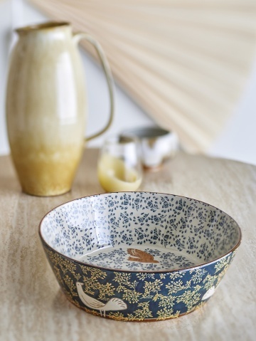 Bol mare din ceramică stoneware pictat manual cu păsări și motive florale, D28xH9 cm, 3350 ml, „Hezha" - Img 6