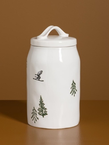 Borcan din ceramică albă cu motive de iarnă pictate manual, 22,5 × 12 cm, „Slalom" - Img 3