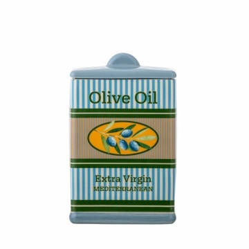 Borcan din ceramică cu capac, albastru, cu dungi verticale și decor cu ramură de măslin, finisaj lucios, 17,5 x 11 x 7,5 cm, „Stefano”