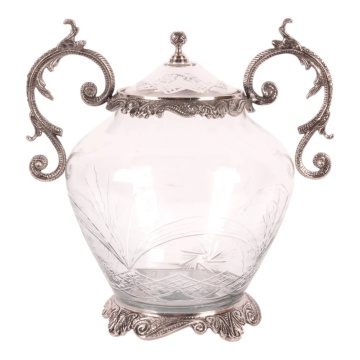Borcan din sticlă gravată și aluminiu, argintiu, cu capac și mânere cu volute, aspect vintage, finisaj antichizat, 31 x 31 cm, „Amphore”