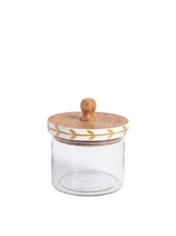 Borcan din sticlă natur cu capac din lemn de mango, model cu frunze stilizate pictat manual, 14 × 12 cm, „Bocage"
