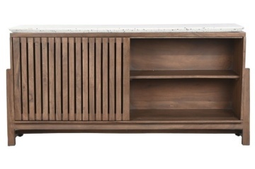 Bufet cu blat de marmură în stil etnic, din lemn de acacia, natur, cu 2 uși glisante din lame verticale, 82 x 146 x 46 cm, „Terrazo”