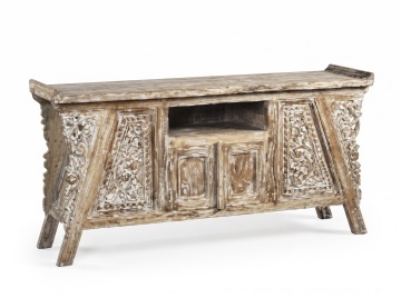 Bufet living în stil etnic din lemn de tec, natur, cu 2 uși și nișă deschisă, aspect vintage, finisaj sculptat manual, 83 x 160 x 42 cm, „Caromb”