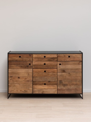 Bufet rustic din lemn de pin, natur și negru, cu 2 uși, 6 sertare și cadru din metal negru, stil industrial, 91 x 146 x 40 cm, „Utah” - Img 2