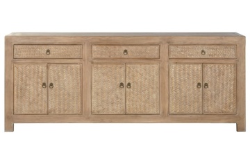 Bufet rustic din lemn masiv de ulm, natur, cu 6 uși, 3 sertare și panouri din ratan împletit, 88 x 215 x 44 cm, „Belvoir”