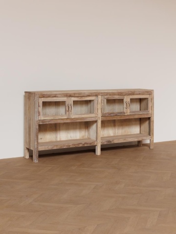 Bufet rustic din lemn reciclat, natur, cu 4 uși vitrate și rafturi deschise, 89 x 192 x 34 cm, „Pinot” - Img 4