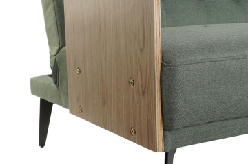 Canapea extensibilă 3 locuri din stofă verde, cu brațe din lemn de eucalipt și picioare din metal, aspect retro, 81 x 204 x 87 cm, „Futuro Green” - Img 3