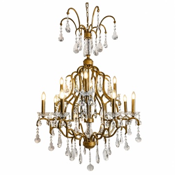 Candelabru din metal, auriu, cu 12 brațe tip lumânare și cristale din sticlă transparentă, 135 x 95 cm, „Cambridge”